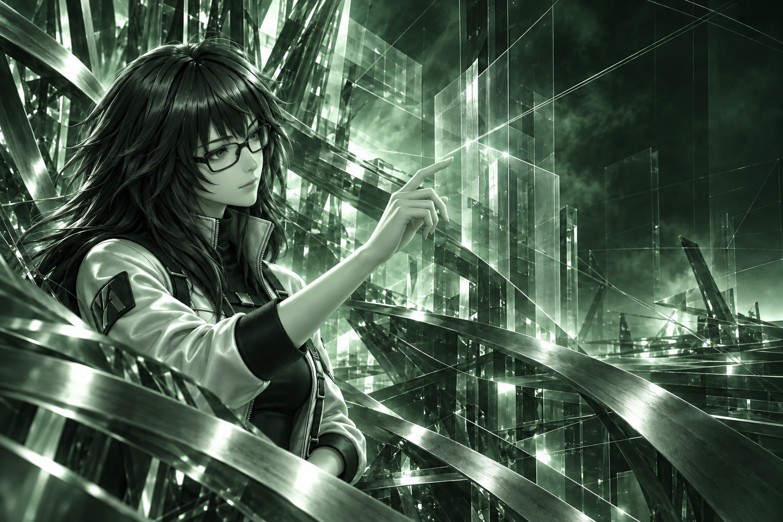 The AOTX representative, in profile, traces a translucent plane within the green metallic architecture.